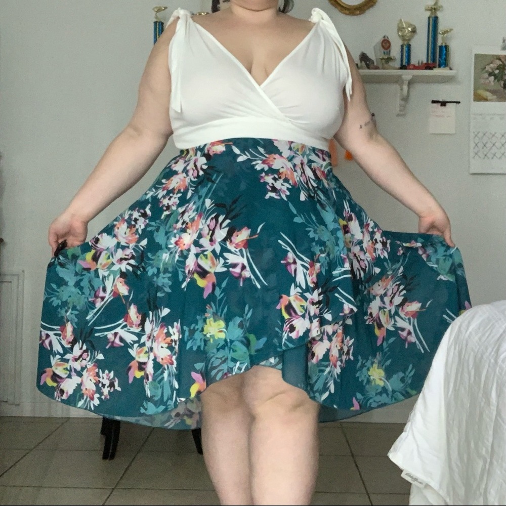 Blue Floral Dress with White Bodice & Tie Straps